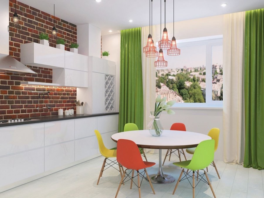 Кухня бежевая с зелеными акцентами