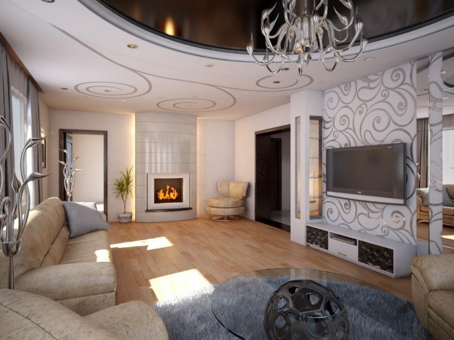 Зал в стиле Модерн с камином