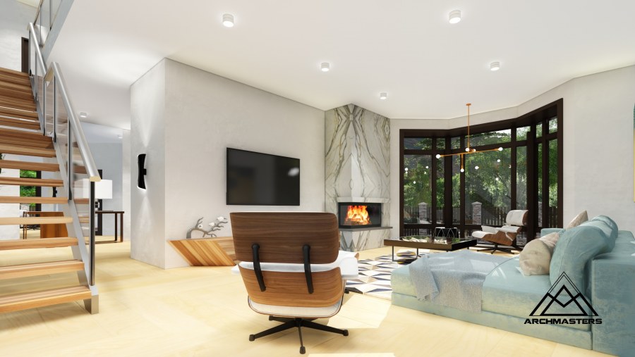 Гостиная с вторым светом в стиле Райта