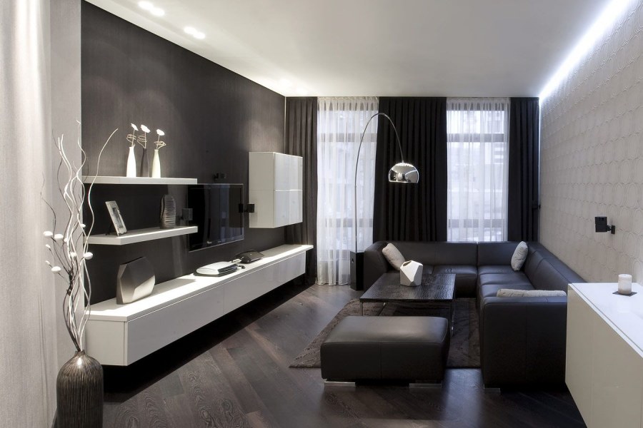Вариант дизайна гостинной с темным полом