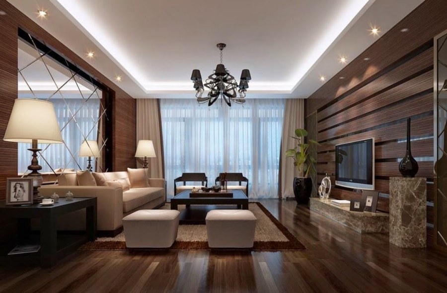 Деревянные панели в интерьере гостиной