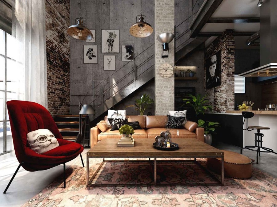 Индустриальный стиль Индастриал интерьер гостиная