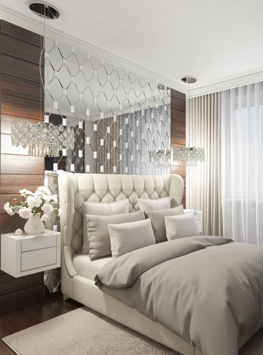 Зеркальная плитка в интерьере спальни
