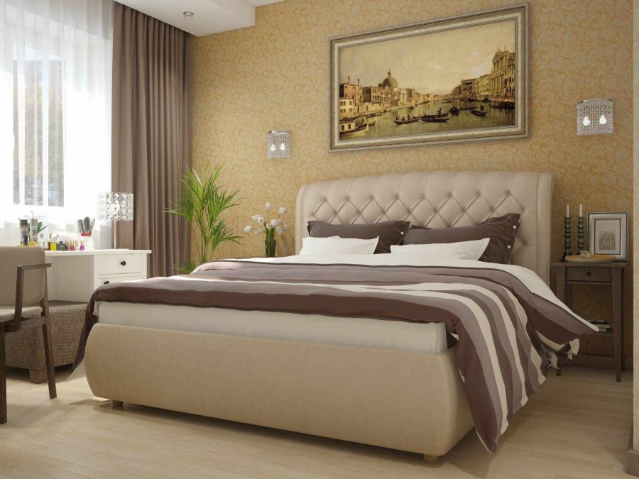 Серо бежевый интерьер спальни