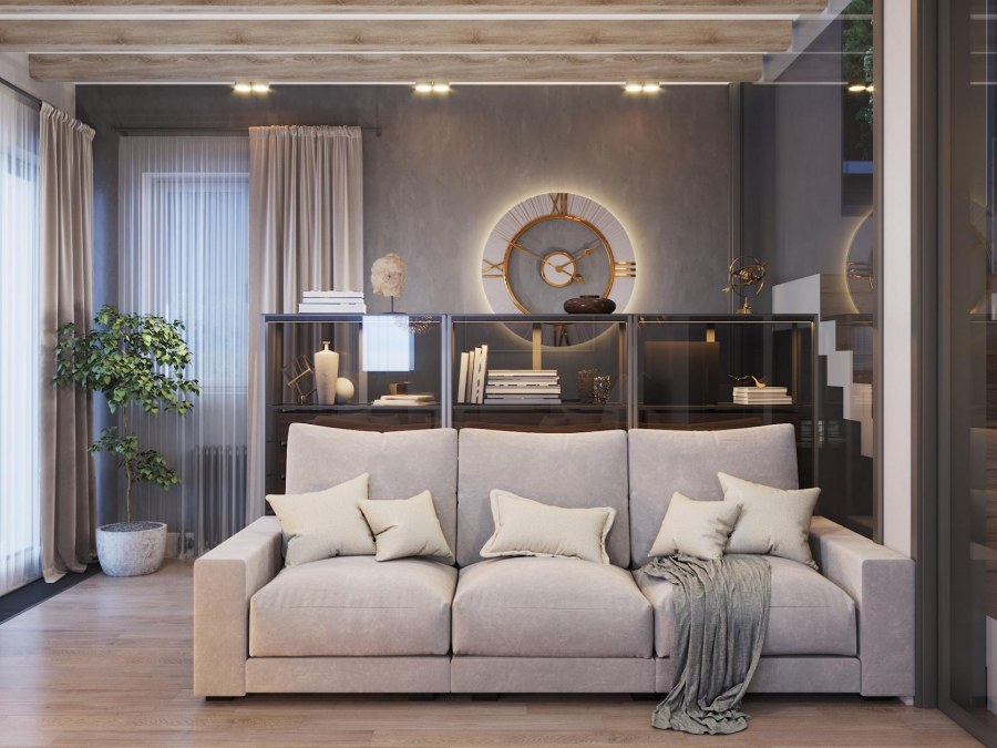 Гостиная в частном доме в светлых тонах