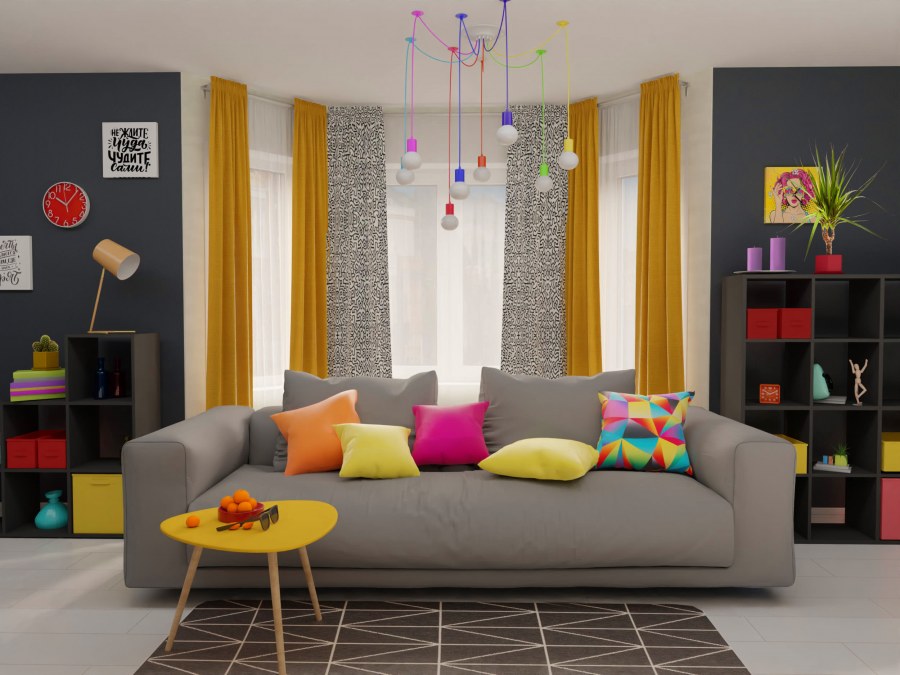 Гостиная серый с ярким