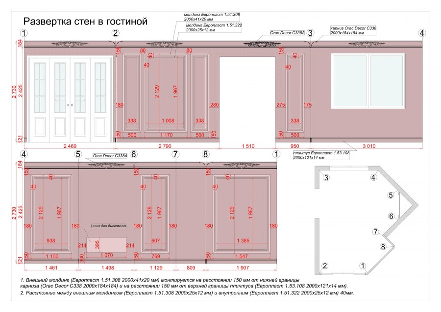 Развертка стен ванной комнаты