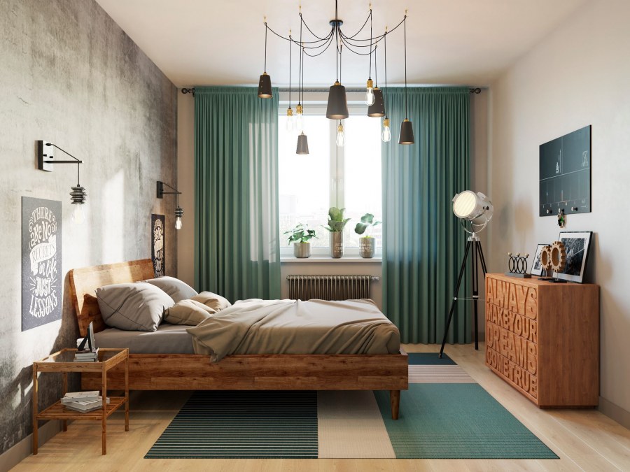 Спальня в стиле лофт в светлых