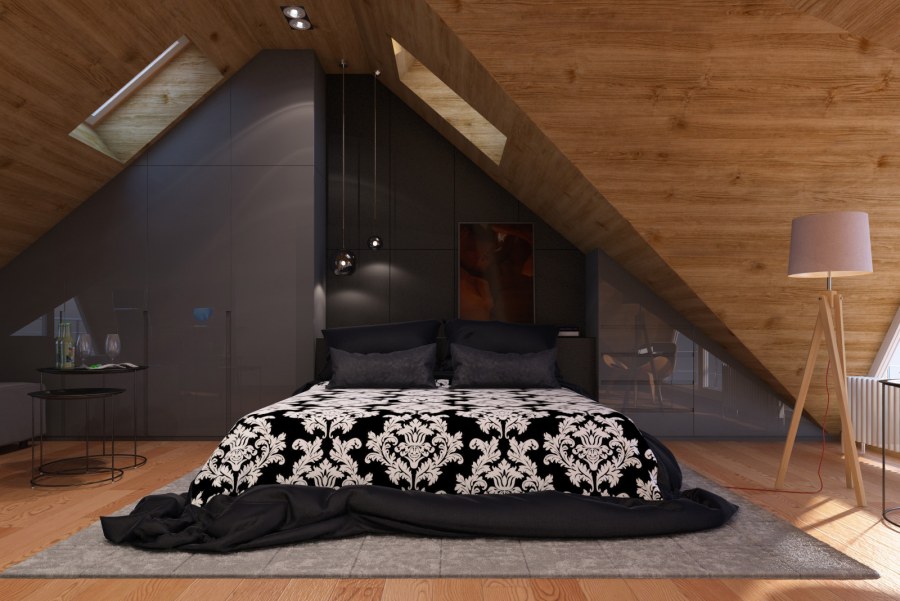 Простой интерьер спальни на мансарде