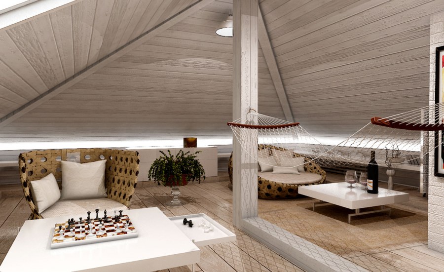 Вагонка на потолке мансарды в современном интерьере