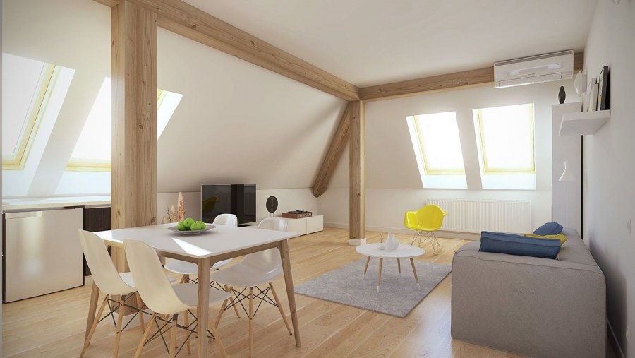 Дизайн интерьера мансарды с четырехскатной крышей