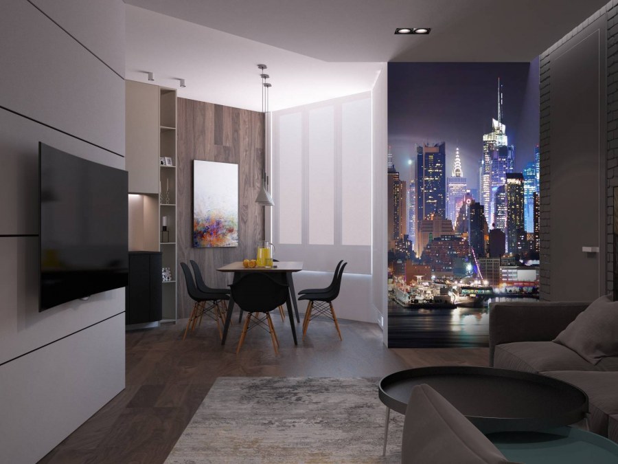 Фотообои в интерьере квартиры студии