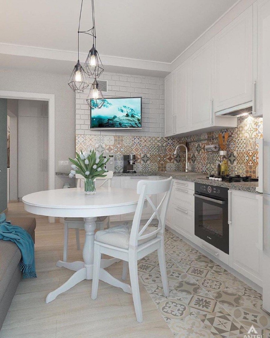 Угловая кухня в светлых тонах