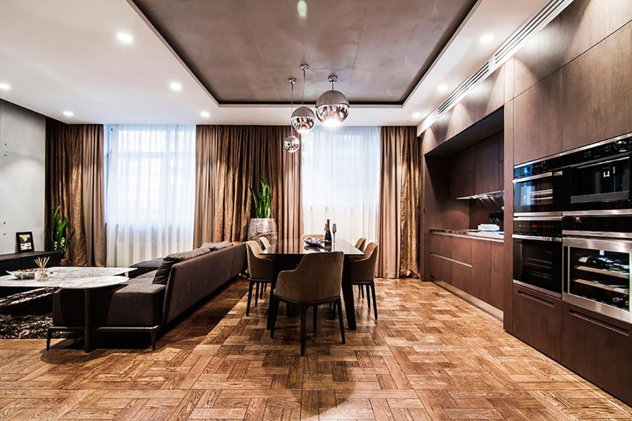 Кухня гостиная в современном стиле в элитной квартире
