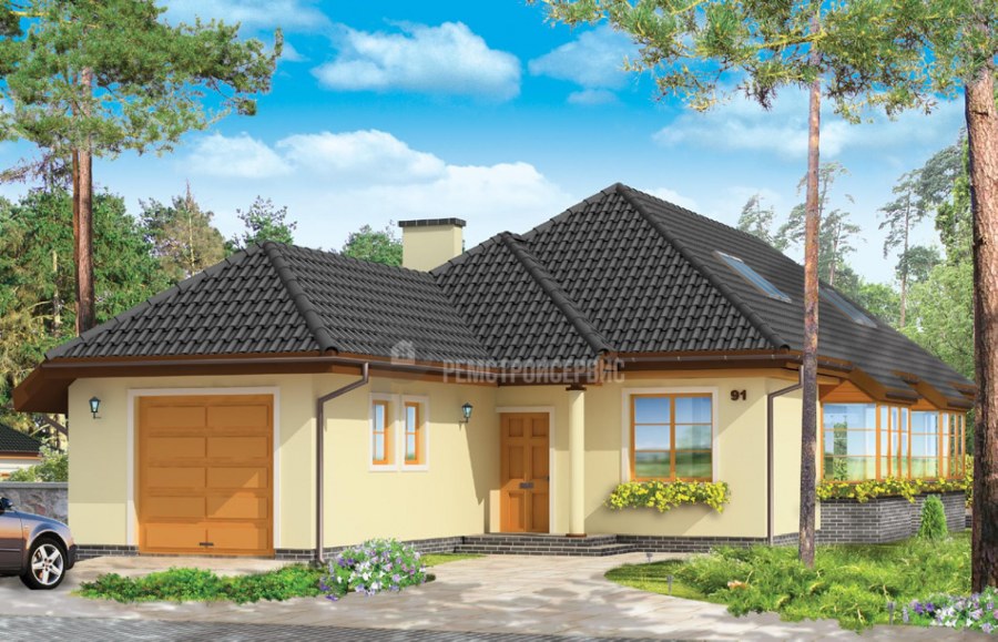 Одноэтажный дом из газобетона с гаражом