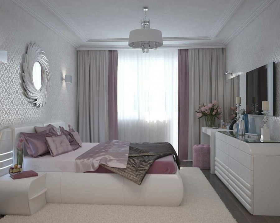 Спальня в пудровых тонах с белой мебелью