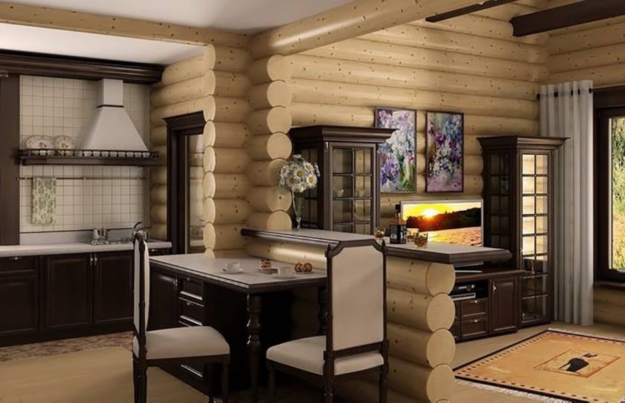 Интерьер кухни в деревянном доме из оцилиндрованного бревна