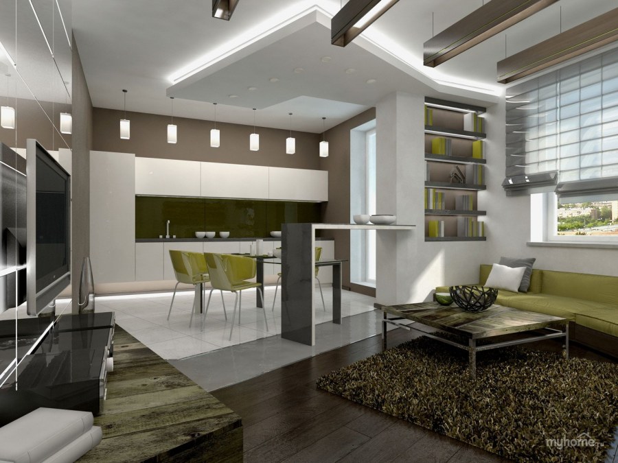 Стильные интерьеры гостиной совмещенной с кухней