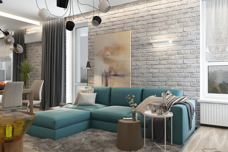 Интерьер гостиной лофт бирюза