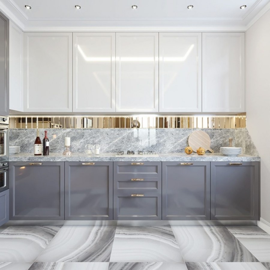 Серая кухня с мрамором