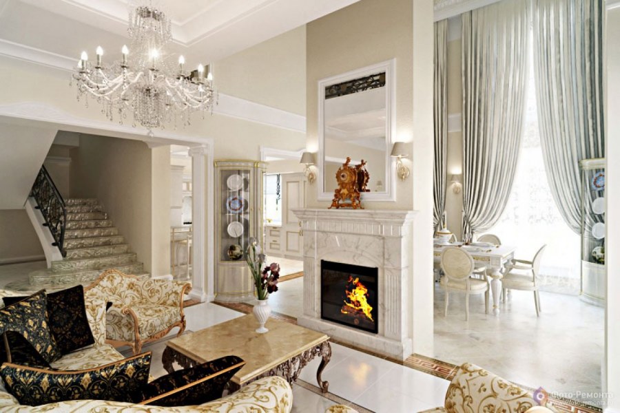 Гостиная с камином в современном классическом стиле