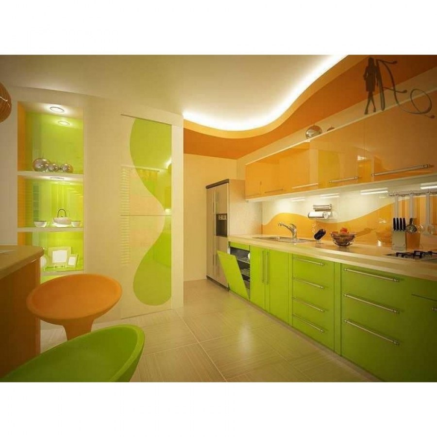 Оранжево салатовая кухня