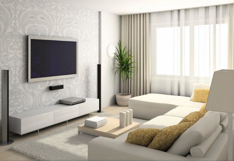 Интерьер зала в светлых тонах 2020