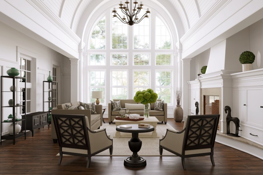 Интерьер двусветной гостиной в классическом стиле