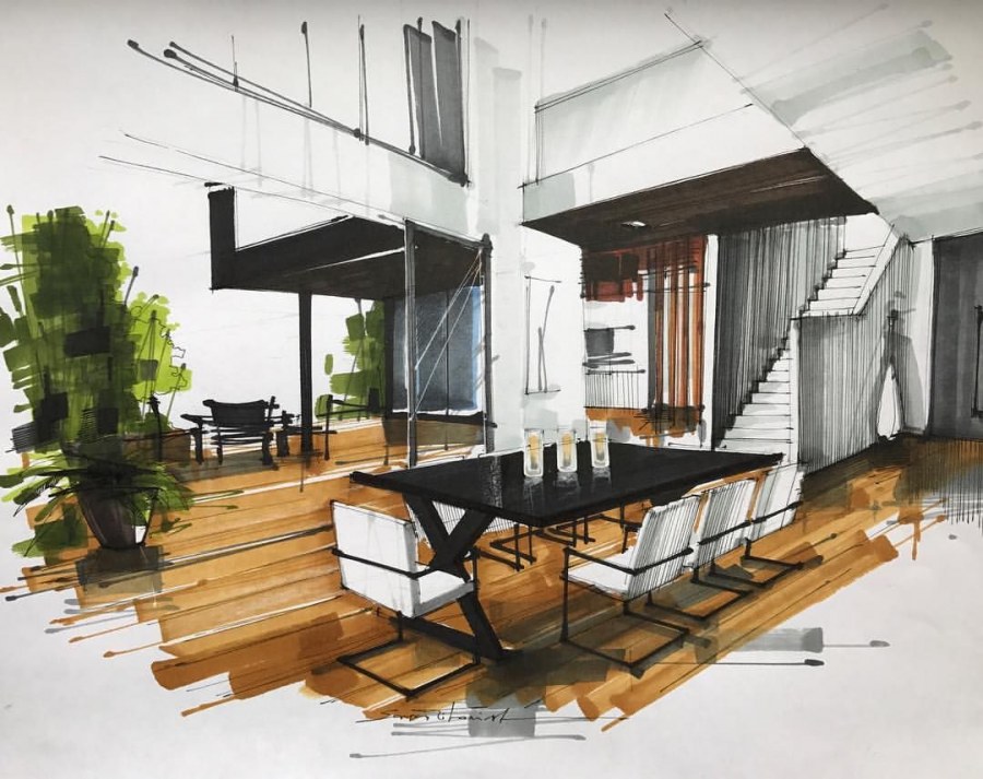 Скетч интерьера маркером лофт