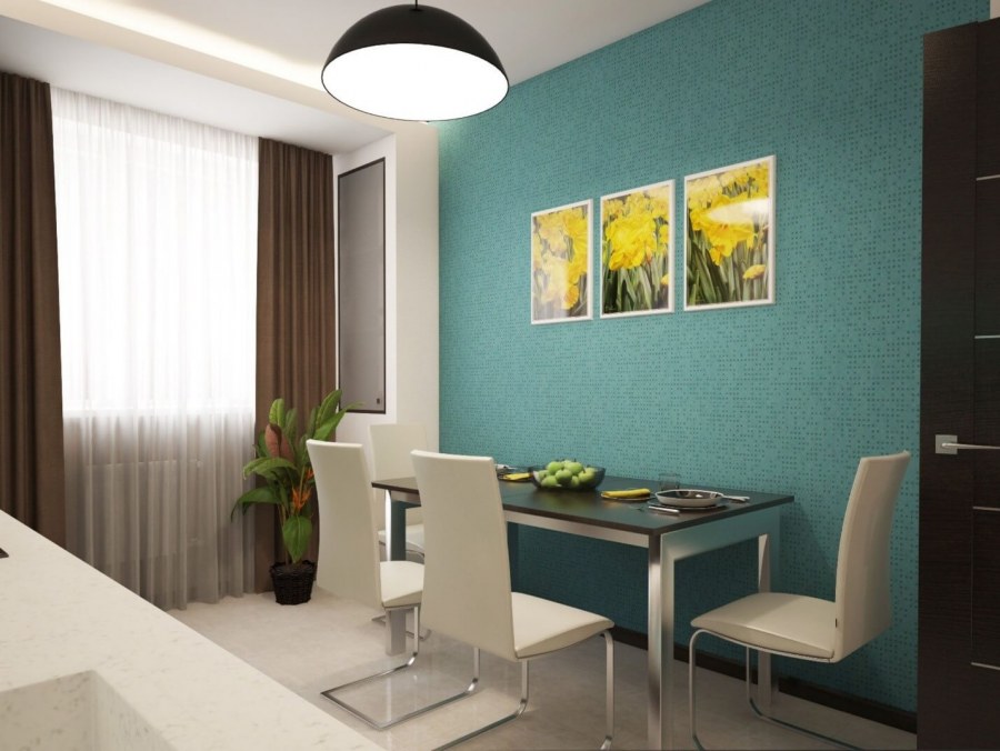 Голубые жидкие обои в интерьере