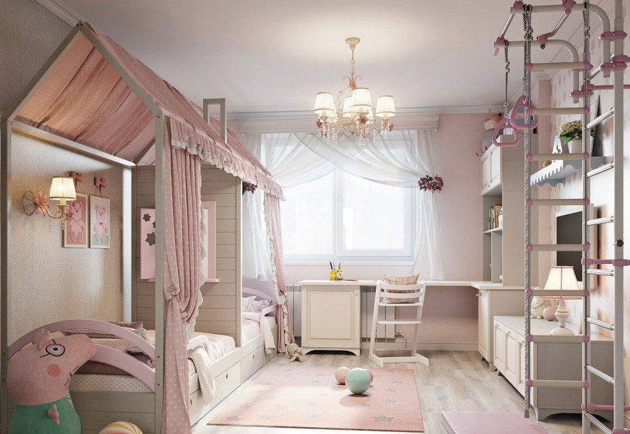 Детская для 2 девочек под аркой в общей гостиной