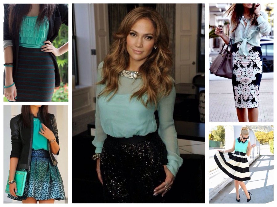 Сочетание мятного с черным в одежде