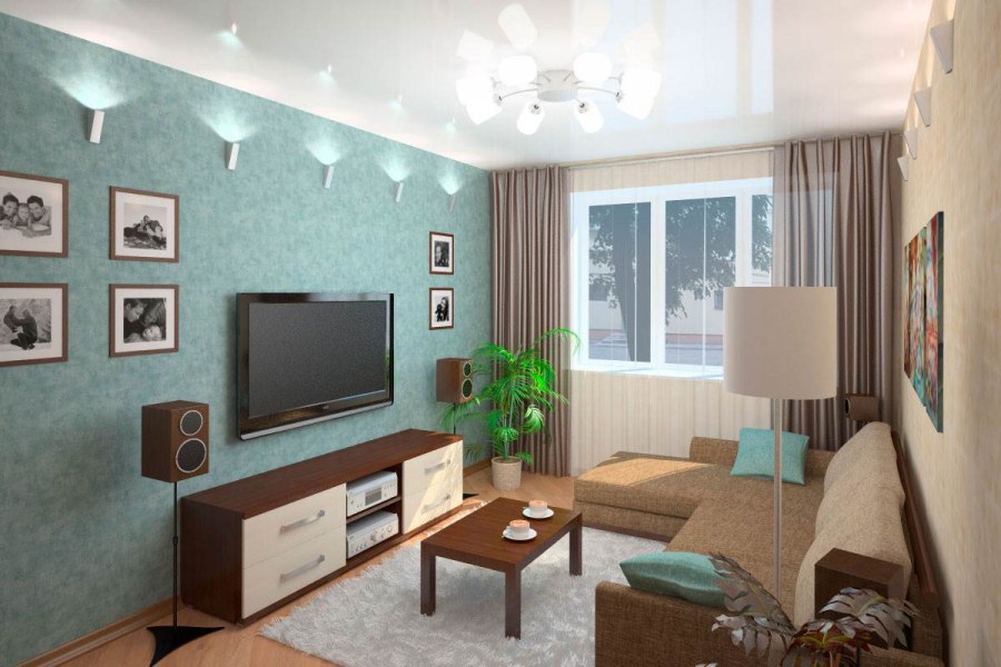 Интерьер прямоугольной гостинной 17 кв.м