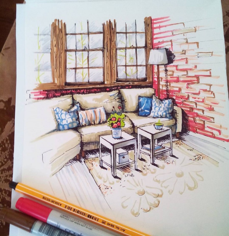 Скетч интерьера цветными карандашами