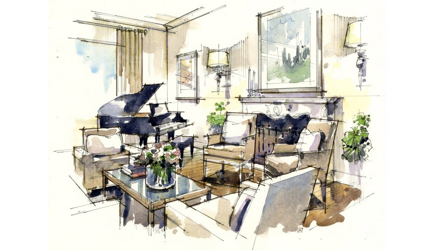 Скетчинг интерьер акварель