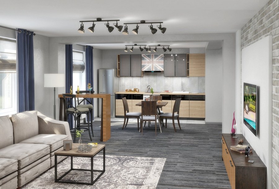 Кухня лофт студия гостиная