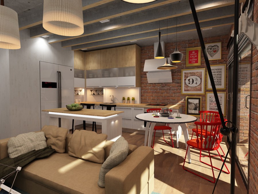 Кухня совмещенная с гостиной в стиле лофт