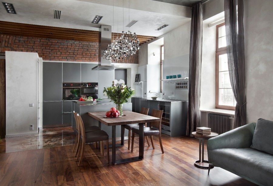Кухня и гостиная Объединенные в стиле лофт
