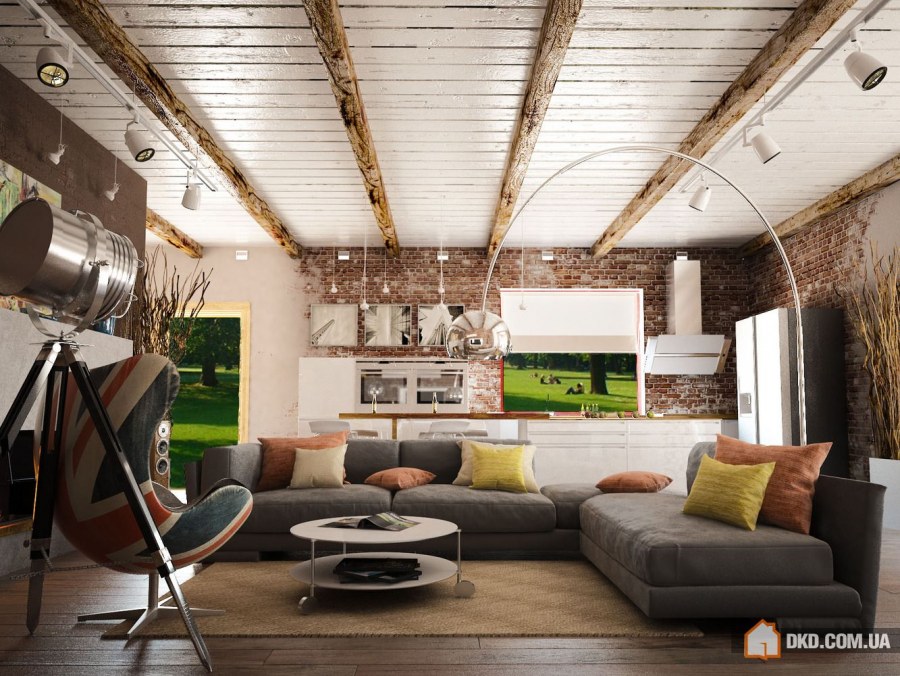 Интерьер зала совмещенного с кухней лофт