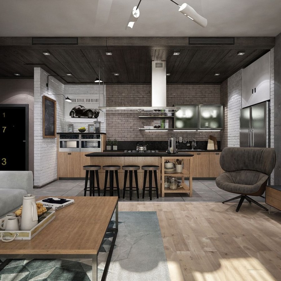 Гостиная совмещенная с кухней лофт