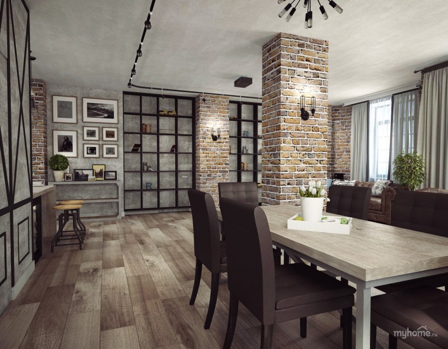 Кухня совмещенная с гостиной в стиле лофт