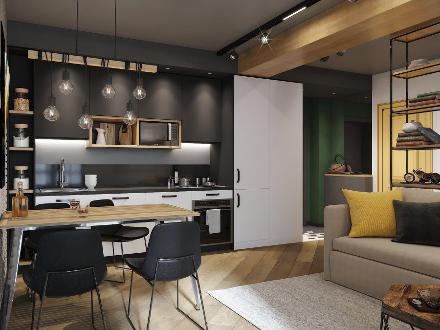 Шторы в гостиную совмещенную с кухней в стиле лофт