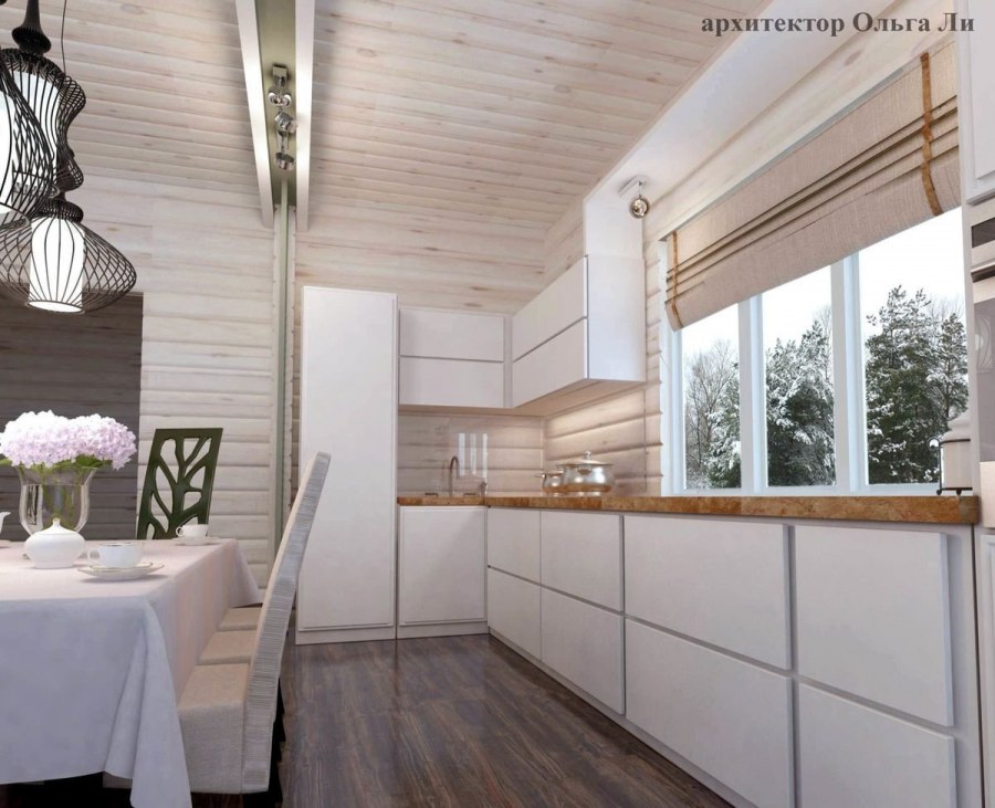 Белая кухня в доме из бруса