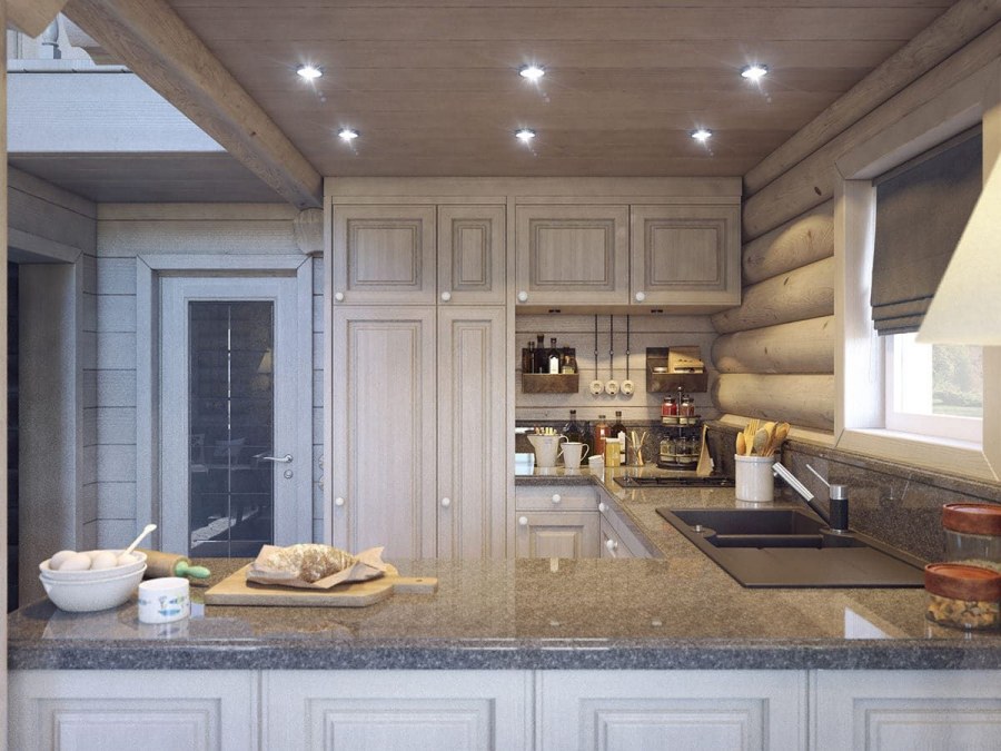 Белая кухня с деревянной столешницей