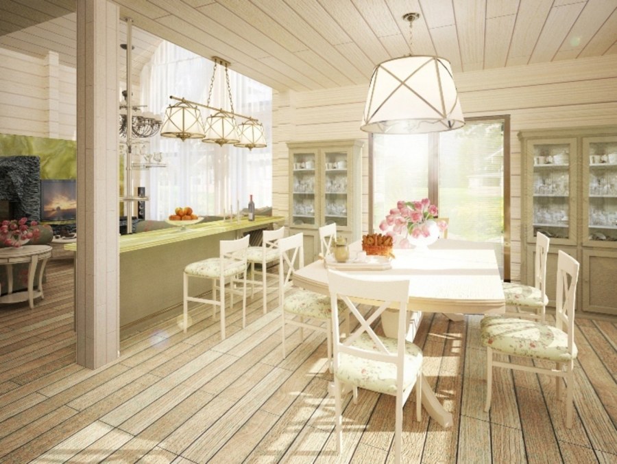 Кухня-гостиная в стиле Прованс в деревянном доме