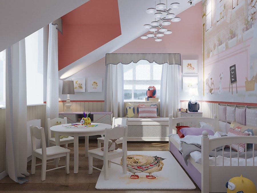 Детская комната для девочки на мансарде