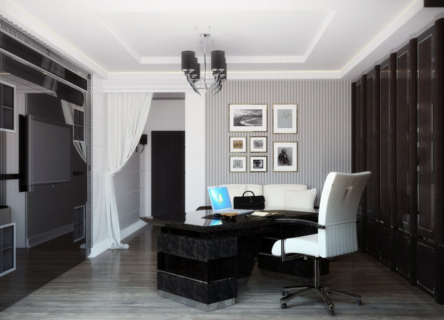 Интерьер домашнего кабинета в синих тонах