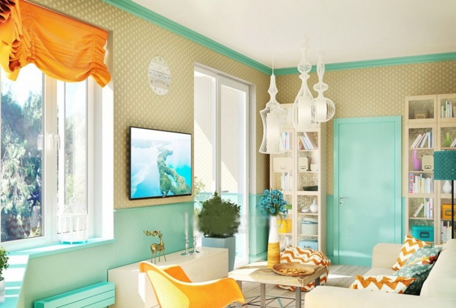 Сочетание желтого и бирюзового в интерьере