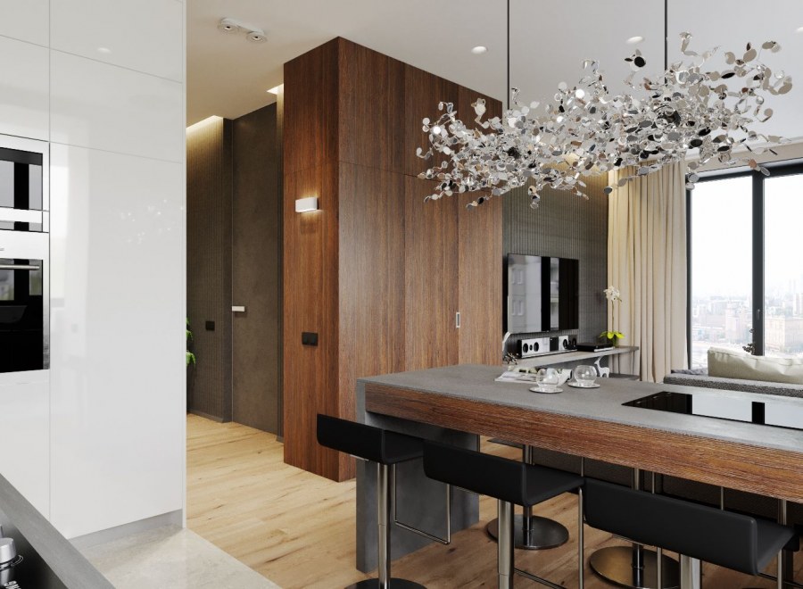 Кухня в деревянном доме в современном стиле