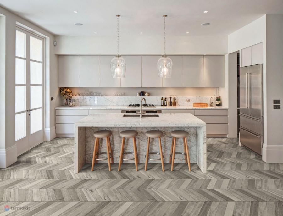 Кухня белый бетон и дерево